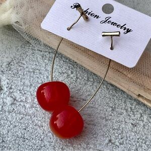 Luscious Red Cherry Drop Pierced Fashion Jewelry Red and Gold Earrings